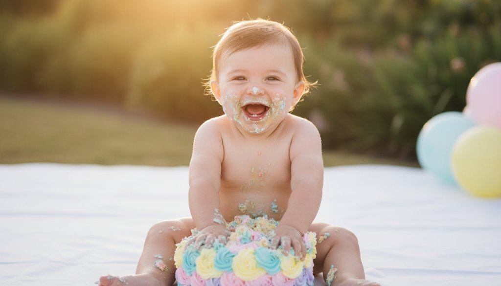 An epic, joy-filled moment captured during memorable first birthday cake smash photography in Box Hill North, featuring a baby gleefully covered in cake, dramatic rim lighting, and vibrant celebration colours.