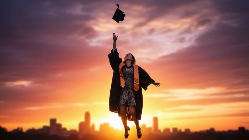 A proud graduate in their cap and gown, joyfully tossing their mortarboard against a vibrant sunset sky over the leafy suburban landscape of Burwood East, showcasing memorable graduation photography Burwood East with dramatic backlighting and a celebratory atmosphere.