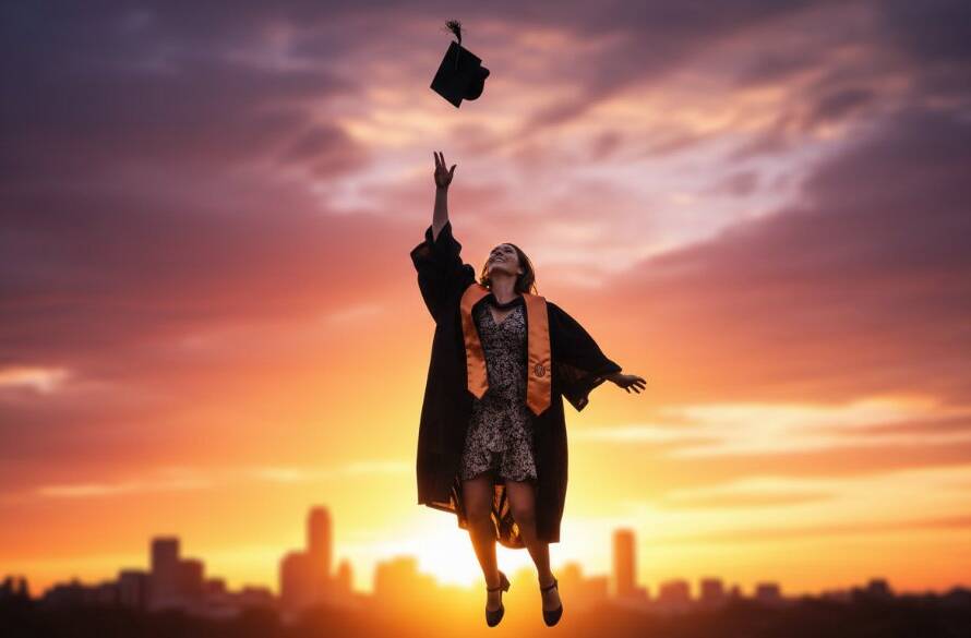 A proud graduate in their cap and gown, joyfully tossing their mortarboard against a vibrant sunset sky over the leafy suburban landscape of Burwood East, showcasing memorable graduation photography Burwood East with dramatic backlighting and a celebratory atmosphere.