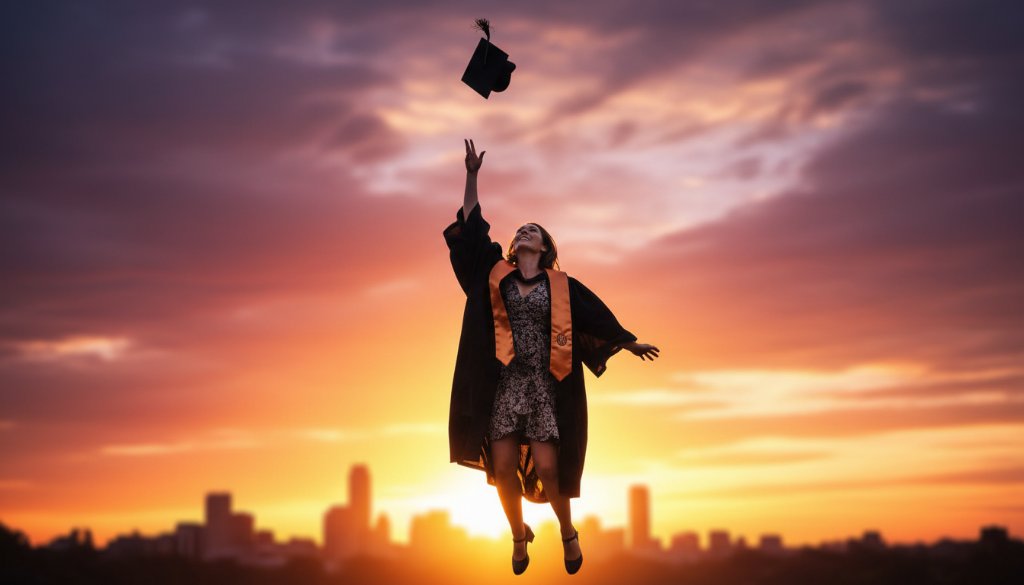 A proud graduate in their cap and gown, joyfully tossing their mortarboard against a vibrant sunset sky over the leafy suburban landscape of Burwood East, showcasing memorable graduation photography Burwood East with dramatic backlighting and a celebratory atmosphere.