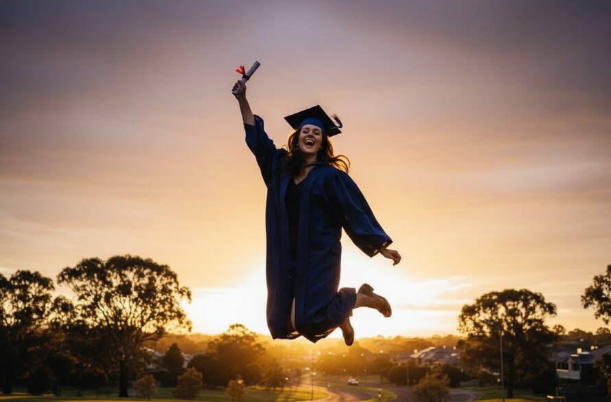 An ecstatic graduating student in a cap and gown, mid-air jump with diploma, silhouetted against a golden sunset over a scenic Rowville park, capturing memorable Rowville high school graduation photos with dramatic flair.