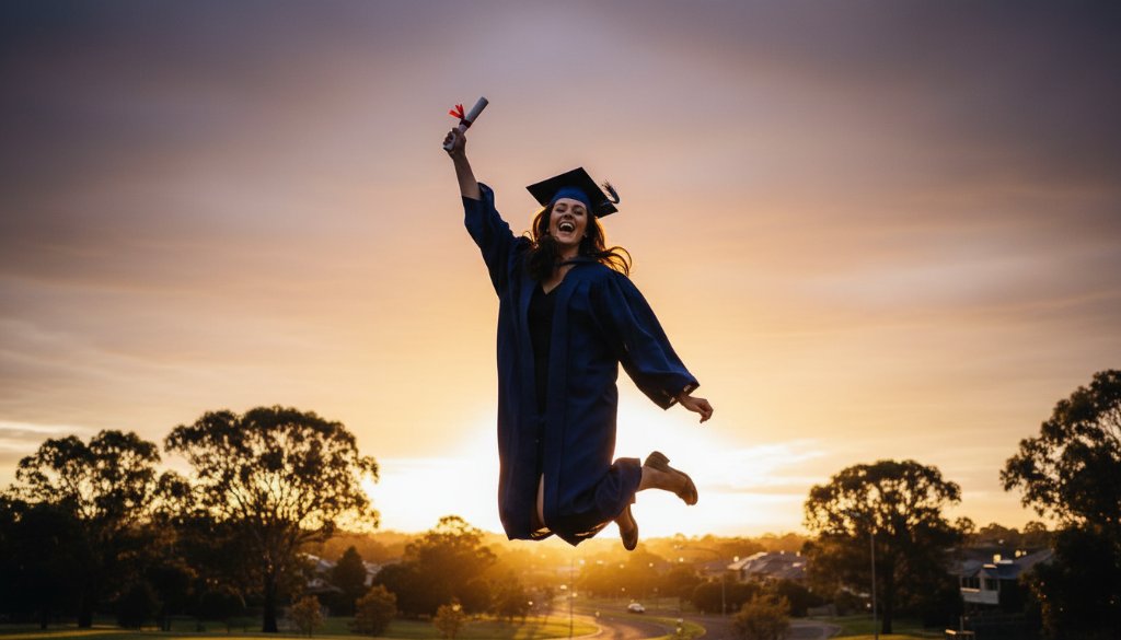 An ecstatic graduating student in a cap and gown, mid-air jump with diploma, silhouetted against a golden sunset over a scenic Rowville park, capturing memorable Rowville high school graduation photos with dramatic flair.