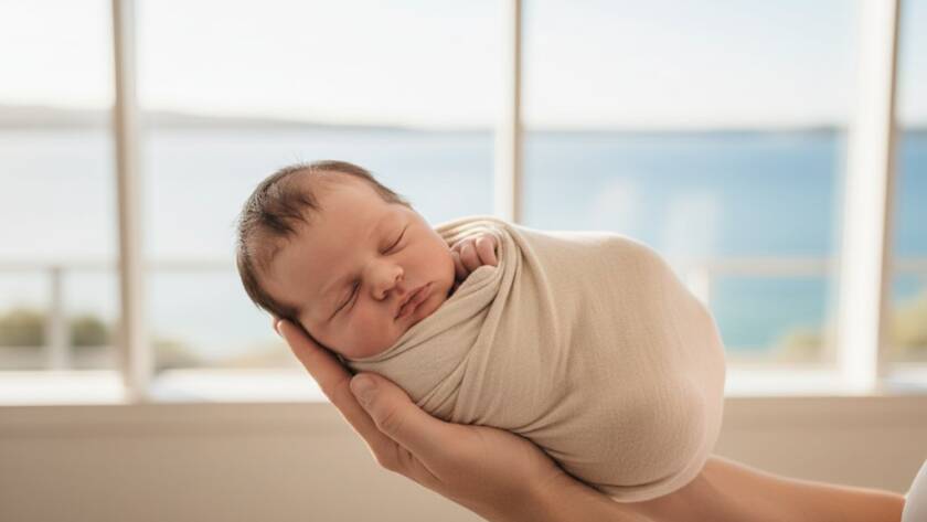 An emotional, close-up photograph capturing Mentone bayside newborn photography authentic moments, with a tiny baby's hand gently clasping a parent's finger, bathed in soft, ethereal light from a nearby window overlooking the Mentone beach. The scene is tender, warm, and professionally colour-graded.