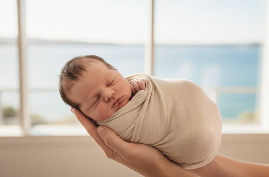 An emotional, close-up photograph capturing Mentone bayside newborn photography authentic moments, with a tiny baby's hand gently clasping a parent's finger, bathed in soft, ethereal light from a nearby window overlooking the Mentone beach. The scene is tender, warm, and professionally colour-graded.