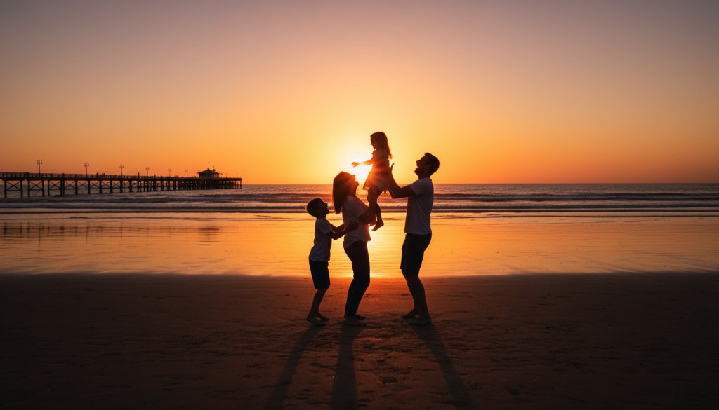 An ecstatic Mentone Beach family photographer capturing candid joy, showing parents lifting their laughing child at sunset on the sandy shore, with golden light reflecting on the water, portraying a heartwarming, professional portrait.