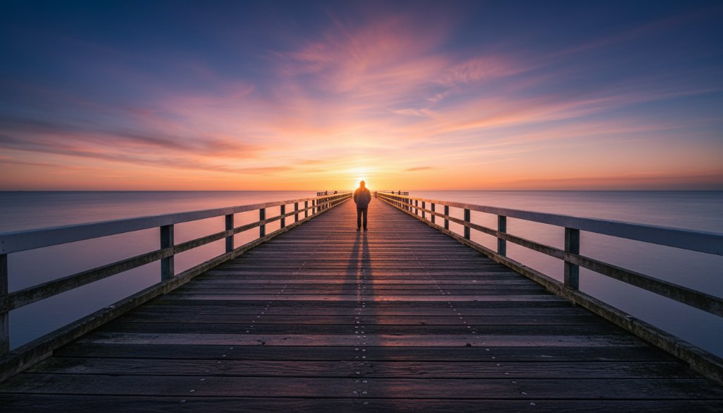 A dramatic wide shot of a solitary figure silhouetted against a vibrant sunset at Mentone Beach, expertly showcasing Mentone beach fine art photography captures the raw beauty of the coastline with stunning light and atmosphere.