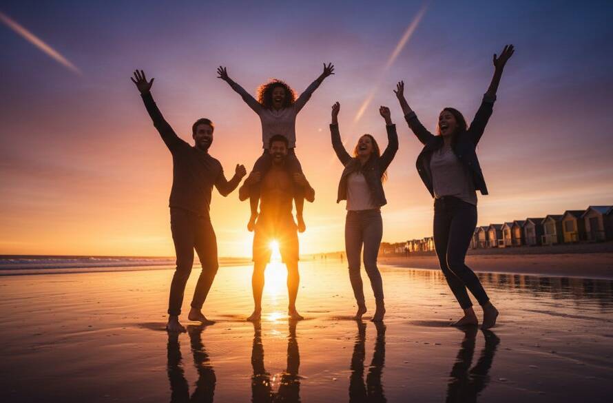 An exhilarating wide-angle shot of friends laughing and dancing by the water's edge at sunset on Mentone Beach, showcasing Mentone beach party photography capturing candid joy with golden hour light silhouetting their ecstatic movements.