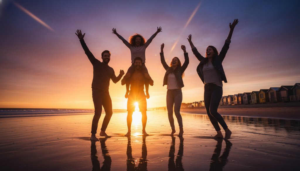 An exhilarating wide-angle shot of friends laughing and dancing by the water's edge at sunset on Mentone Beach, showcasing Mentone beach party photography capturing candid joy with golden hour light silhouetting their ecstatic movements.