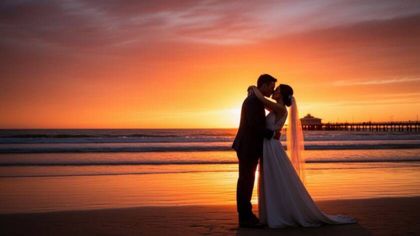 A breathtaking wide shot of a newlywed couple embracing on the golden sands of Mentone Beach at sunset, with the last rays of sun casting a warm glow, captured through professional Mentone Beach Wedding Photography Victoria.