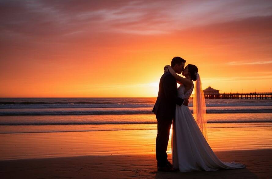 A breathtaking wide shot of a newlywed couple embracing on the golden sands of Mentone Beach at sunset, with the last rays of sun casting a warm glow, captured through professional Mentone Beach Wedding Photography Victoria.