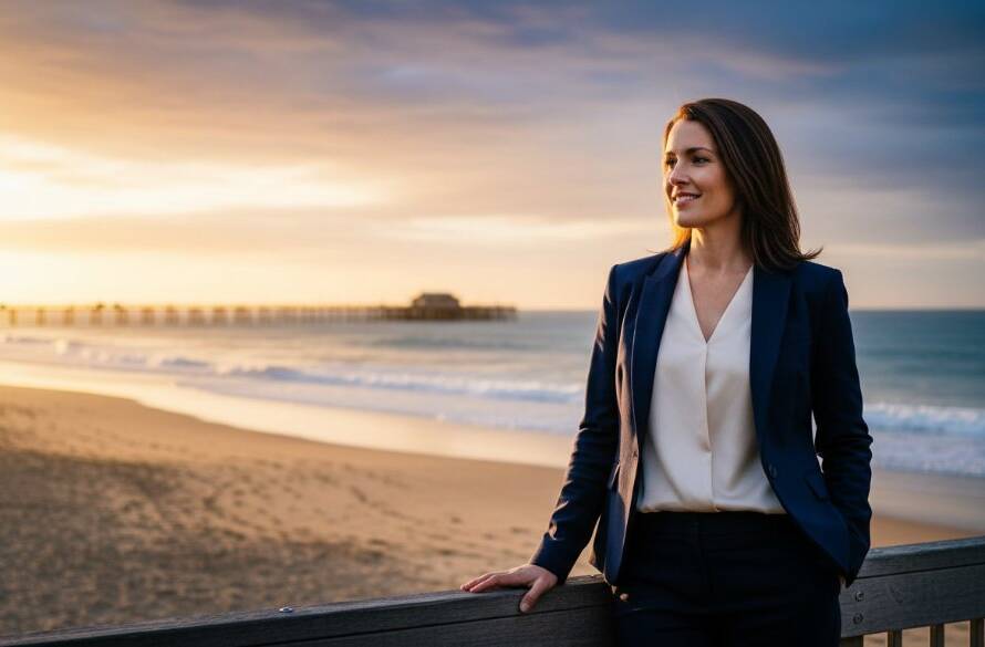 Dramatic, cinematic portrait of a Mentone business owner, confidently looking into the distance with Mentone Beach in the softly blurred background at sunset, showcasing professional branding photography with professional portraits, golden hour lighting, and a shallow depth of field.