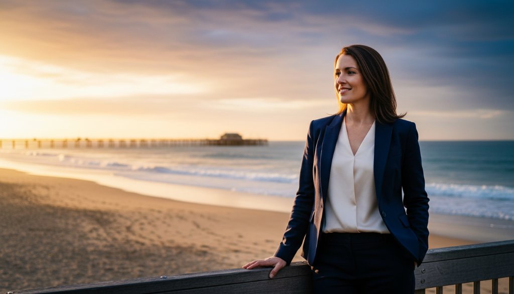 Dramatic, cinematic portrait of a Mentone business owner, confidently looking into the distance with Mentone Beach in the softly blurred background at sunset, showcasing professional branding photography with professional portraits, golden hour lighting, and a shallow depth of field.