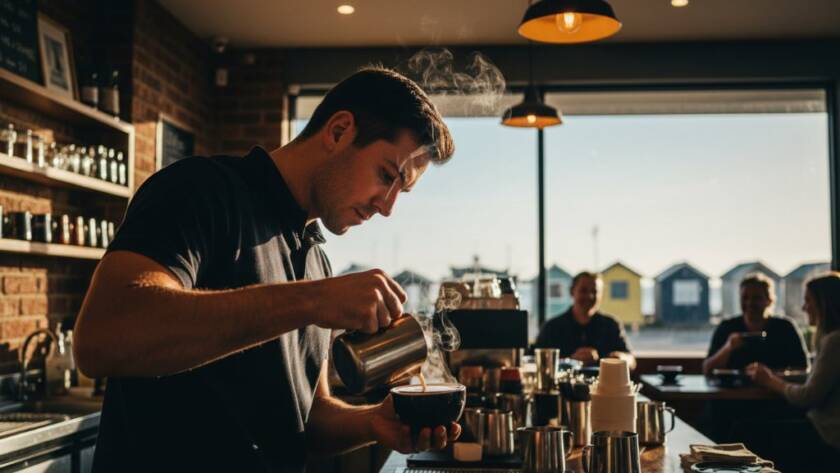 A dynamic, wide-angle shot of a busy cafe owner in Mentone, Victoria, proudly serving a perfectly crafted coffee to a customer, with the cafe's vibrant interior and a glimpse of Mentone's coastal light through the window, capturing the energy of Mentone business photography for impactful branding.