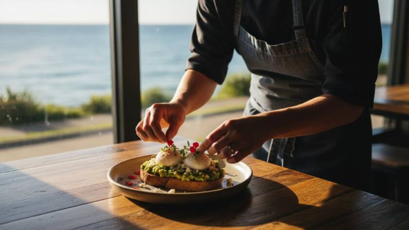 A dramatically lit flat lay of a perfectly presented artisan brunch spread from a Mentone cafe, showcasing vibrant colours and textures, expertly composed to highlight the deliciousness using Mentone cafe food photography tips.