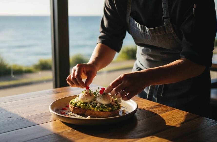 A dramatically lit flat lay of a perfectly presented artisan brunch spread from a Mentone cafe, showcasing vibrant colours and textures, expertly composed to highlight the deliciousness using Mentone cafe food photography tips.