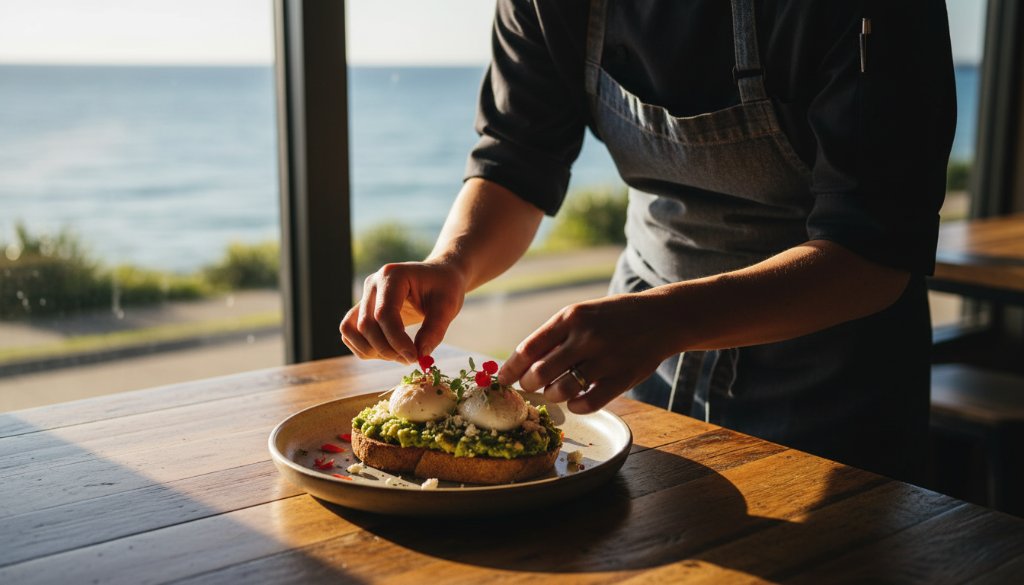 A dramatically lit flat lay of a perfectly presented artisan brunch spread from a Mentone cafe, showcasing vibrant colours and textures, expertly composed to highlight the deliciousness using Mentone cafe food photography tips.