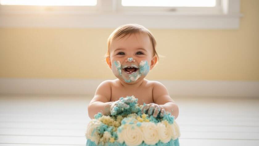 A delighted baby, covered in frosting from a Mentone cake smash photography joyful first birthday, with golden light streaming through a pastel backdrop, capturing pure, messy joy in an epic moment.