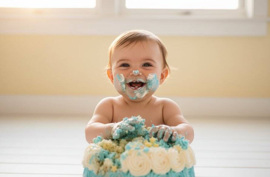 A delighted baby, covered in frosting from a Mentone cake smash photography joyful first birthday, with golden light streaming through a pastel backdrop, capturing pure, messy joy in an epic moment.
