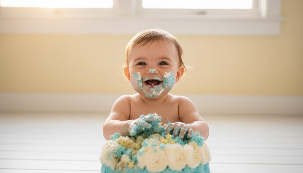 A delighted baby, covered in frosting from a Mentone cake smash photography joyful first birthday, with golden light streaming through a pastel backdrop, capturing pure, messy joy in an epic moment.