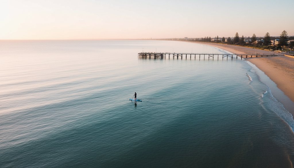 An epic aerial shot of Mentone Beach at sunrise, captured by Mentone Coastal Drone Photography, showing golden light illuminating the sandy shore and calm turquoise waters with a lone paddleboarder. The scene exudes serene beauty and professional colour grading.