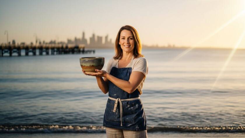 A dramatic shot showcasing Mentone Coastal Editorial Photography Victoria, featuring a local entrepreneur standing confidently against a vibrant sunset on Mentone Beach, their product subtly highlighted in a cinematic, professional composition.