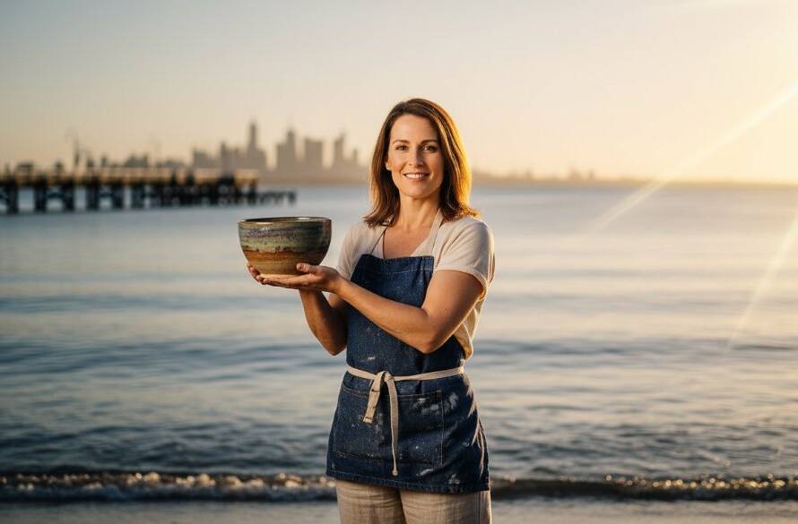 A dramatic shot showcasing Mentone Coastal Editorial Photography Victoria, featuring a local entrepreneur standing confidently against a vibrant sunset on Mentone Beach, their product subtly highlighted in a cinematic, professional composition.