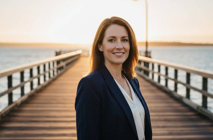Dramatic, cinematic portrait of a confident business professional against a soft-focus Mentone beach backdrop at golden hour, showcasing expert Mentone corporate headshots for professional profiles. The subject is smiling genuinely, with professional lighting highlighting their features and reflecting confidence and approachability.