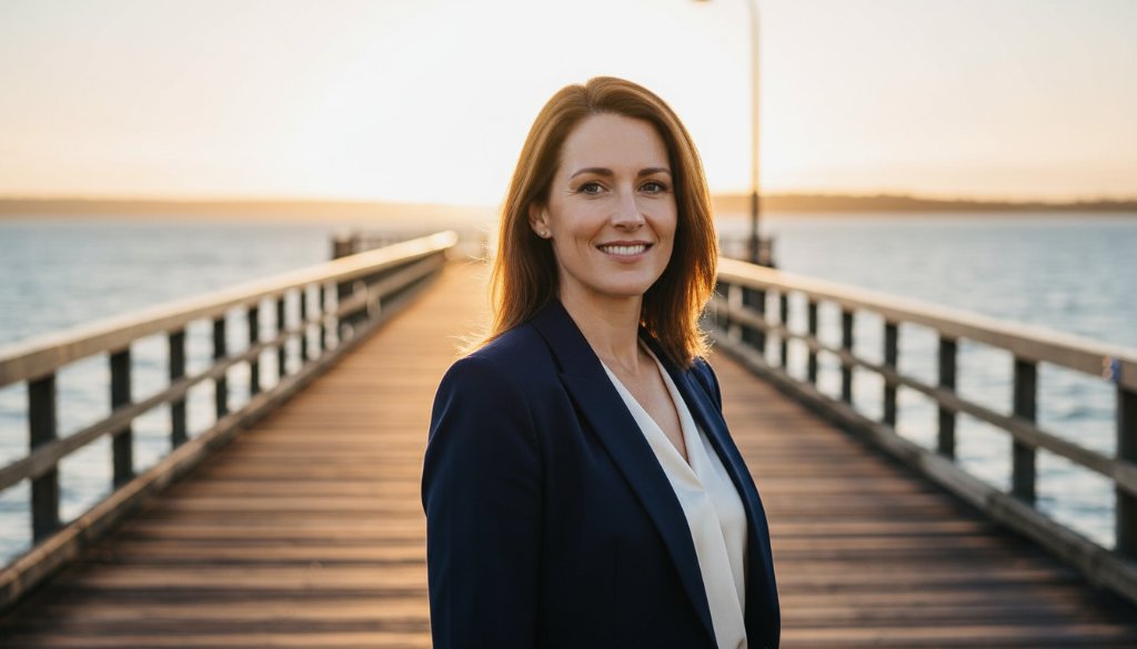 Dramatic, cinematic portrait of a confident business professional against a soft-focus Mentone beach backdrop at golden hour, showcasing expert Mentone corporate headshots for professional profiles. The subject is smiling genuinely, with professional lighting highlighting their features and reflecting confidence and approachability.