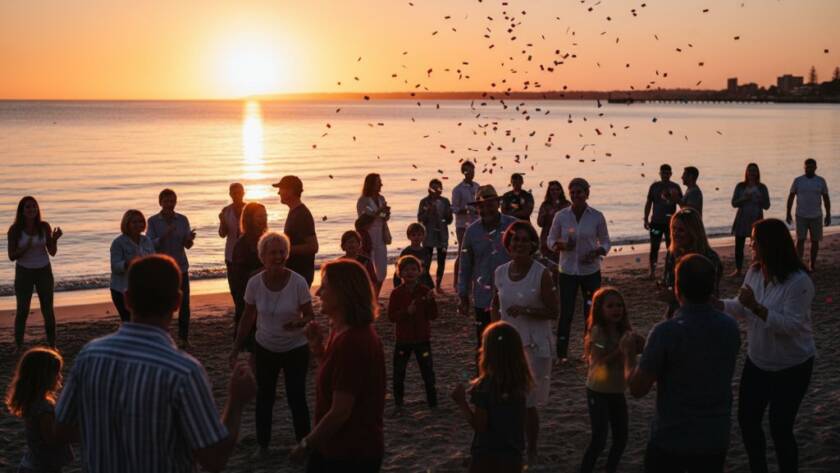 An ecstatic group of friends cheering at a vibrant beachside celebration in Mentone, Victoria, with the sunset casting a warm glow, embodying Mentone event photography capturing authentic joy. The candid moment shows genuine smiles and dynamic energy, professionally captured with dramatic lighting.