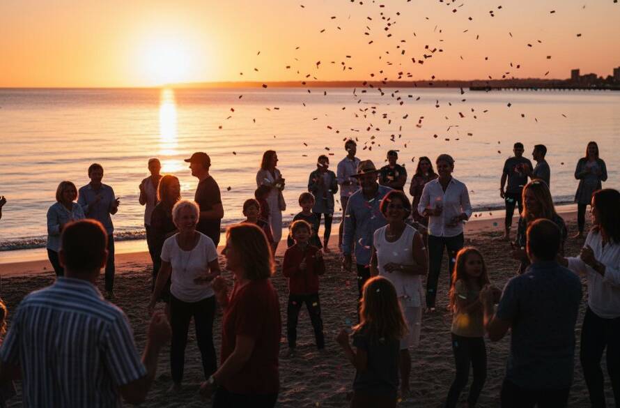 An ecstatic group of friends cheering at a vibrant beachside celebration in Mentone, Victoria, with the sunset casting a warm glow, embodying Mentone event photography capturing authentic joy. The candid moment shows genuine smiles and dynamic energy, professionally captured with dramatic lighting.
