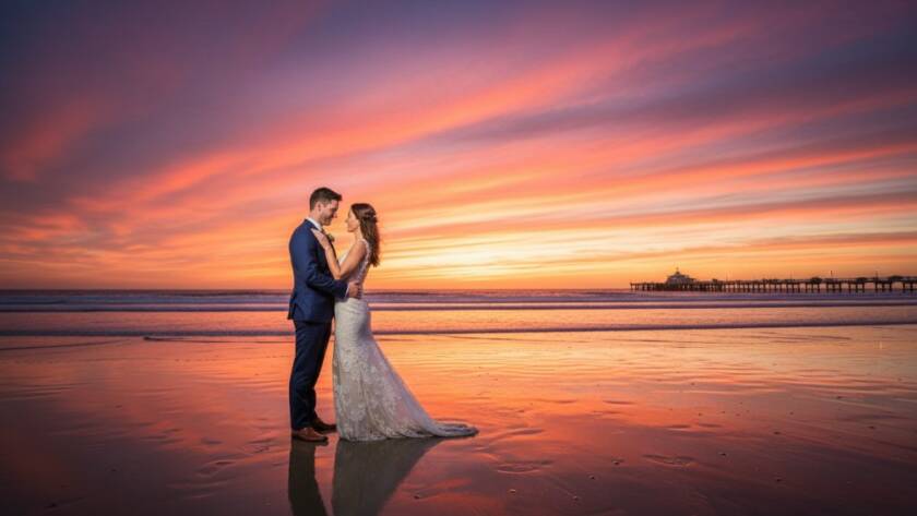 An epic moment of a couple embracing passionately at sunset on Mentone foreshore pre-wedding photography Melbourne, waves gently lapping, with dramatic golden hour lighting and a cinematic feel.