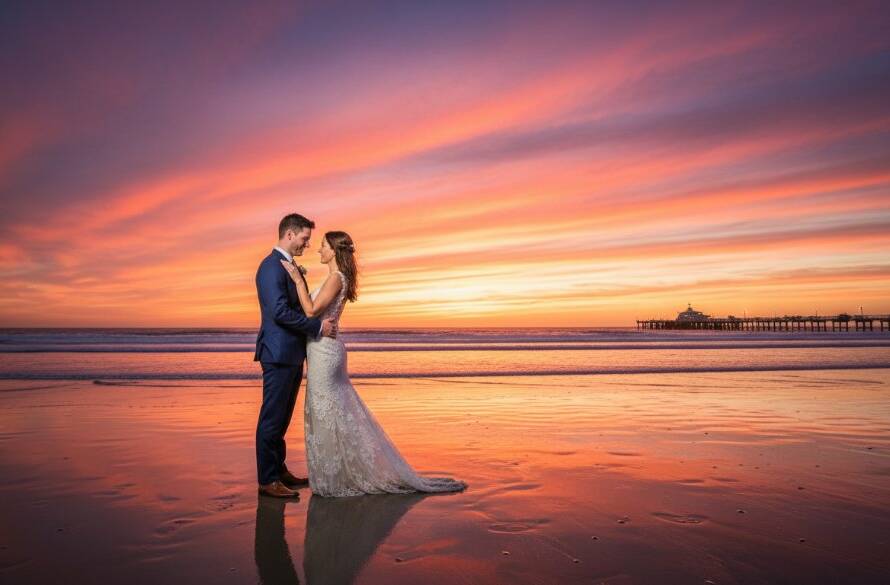 An epic moment of a couple embracing passionately at sunset on Mentone foreshore pre-wedding photography Melbourne, waves gently lapping, with dramatic golden hour lighting and a cinematic feel.