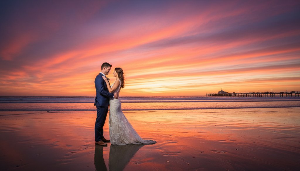 An epic moment of a couple embracing passionately at sunset on Mentone foreshore pre-wedding photography Melbourne, waves gently lapping, with dramatic golden hour lighting and a cinematic feel.