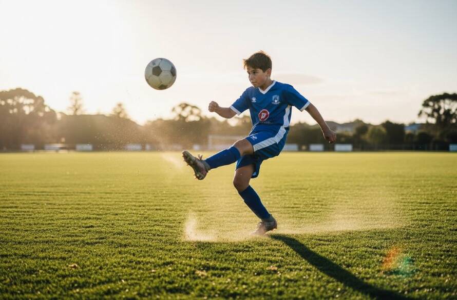 Dynamic wide-angle shot of a young athlete mid-action during a Mentone junior sporting event, kicking a football with intense focus on a sunny pitch, perfectly illustrating Mentone junior sporting events photography.