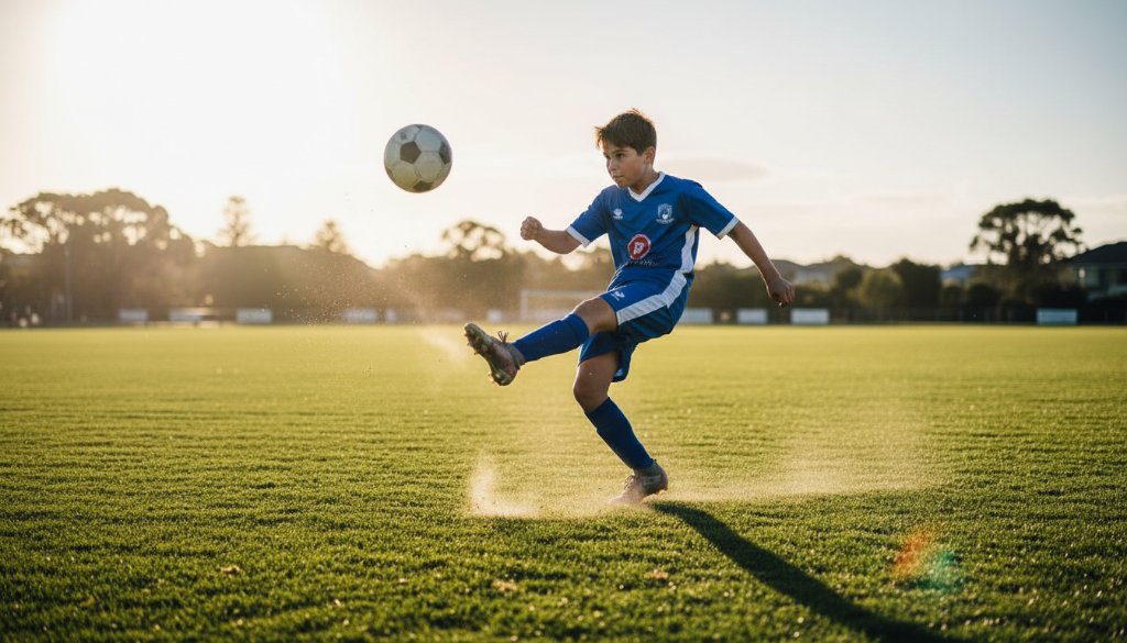 Dynamic wide-angle shot of a young athlete mid-action during a Mentone junior sporting event, kicking a football with intense focus on a sunny pitch, perfectly illustrating Mentone junior sporting events photography.