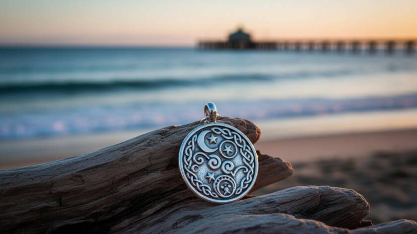 A beautifully lit close-up of a handcrafted ceramic vase, showcasing intricate details, positioned on natural timber with a soft, sun-drenched Mentone beach backdrop during golden hour, emphasizing professional Mentone product photography for artisan crafts.