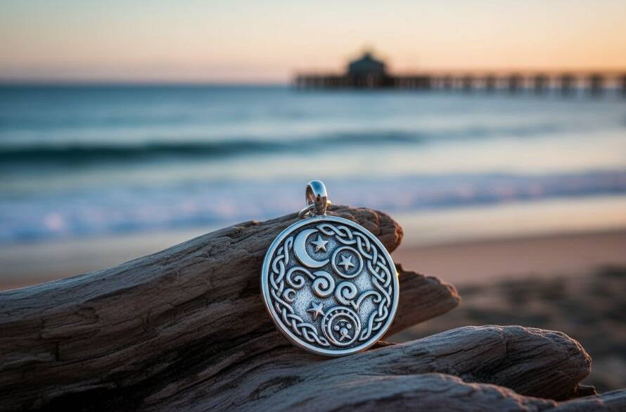 A beautifully lit close-up of a handcrafted ceramic vase, showcasing intricate details, positioned on natural timber with a soft, sun-drenched Mentone beach backdrop during golden hour, emphasizing professional Mentone product photography for artisan crafts.
