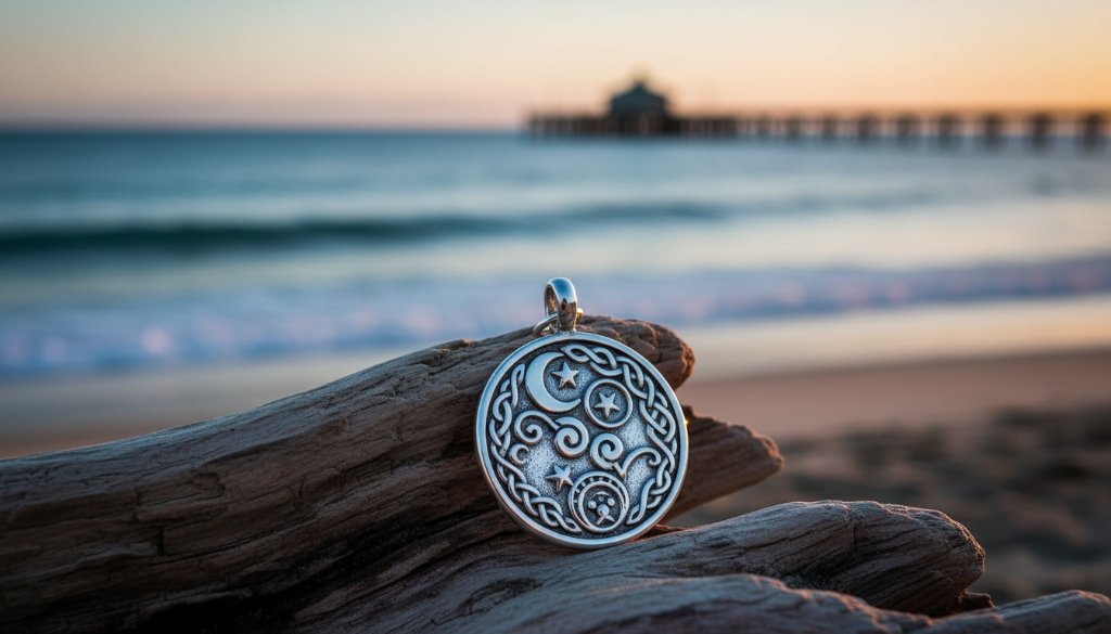 A beautifully lit close-up of a handcrafted ceramic vase, showcasing intricate details, positioned on natural timber with a soft, sun-drenched Mentone beach backdrop during golden hour, emphasizing professional Mentone product photography for artisan crafts.