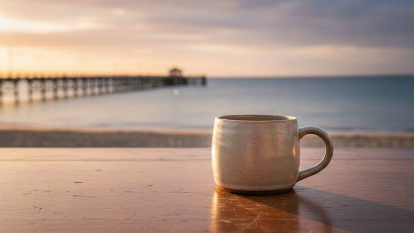 Dramatic, golden hour photograph showcasing a handcrafted artisan candle, artfully arranged on a weathered wooden table with the iconic Mentone pier in the softly blurred background, emphasising professional Mentone Product Photography for Local Businesses.