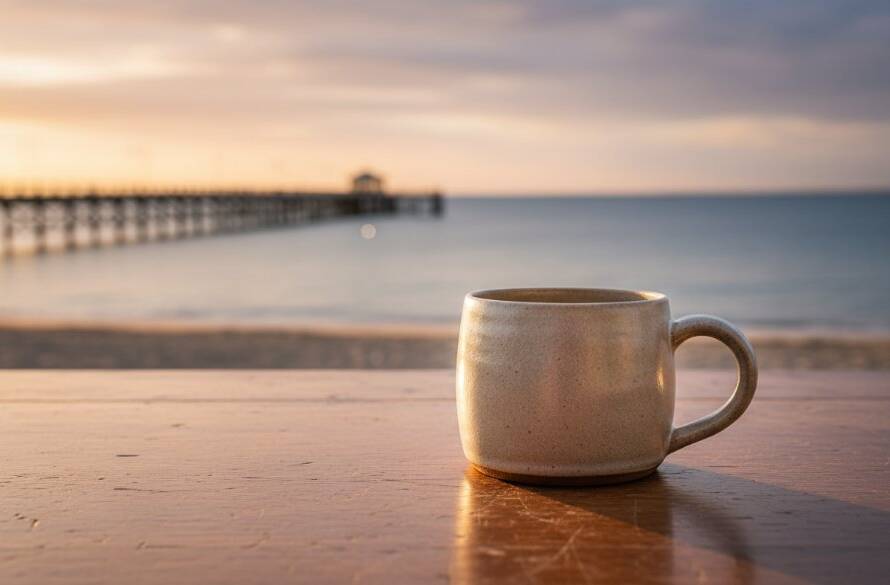 Dramatic, golden hour photograph showcasing a handcrafted artisan candle, artfully arranged on a weathered wooden table with the iconic Mentone pier in the softly blurred background, emphasising professional Mentone Product Photography for Local Businesses.