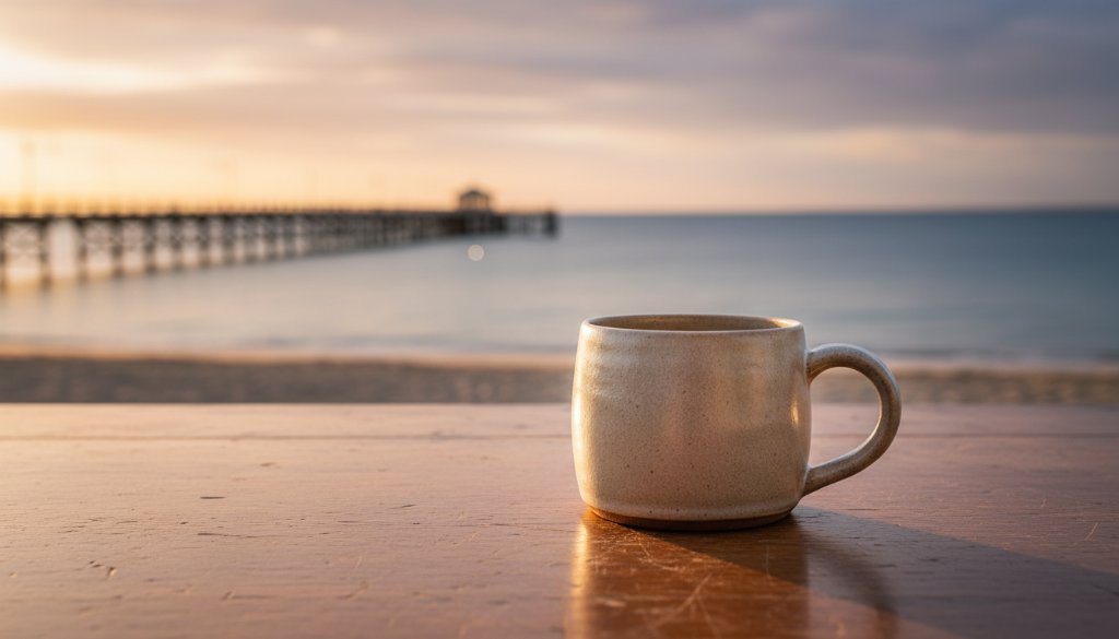Dramatic, golden hour photograph showcasing a handcrafted artisan candle, artfully arranged on a weathered wooden table with the iconic Mentone pier in the softly blurred background, emphasising professional Mentone Product Photography for Local Businesses.