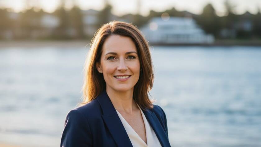 A compelling and artfully composed close-up portrait of a confident professional against a subtly blurred Mentone beach backdrop at golden hour, capturing the essence of Mentone professional headshots for career elevation with dramatic backlighting and a warm, inviting smile.