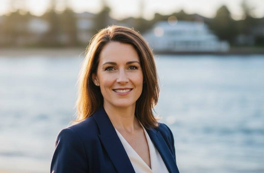 A compelling and artfully composed close-up portrait of a confident professional against a subtly blurred Mentone beach backdrop at golden hour, capturing the essence of Mentone professional headshots for career elevation with dramatic backlighting and a warm, inviting smile.