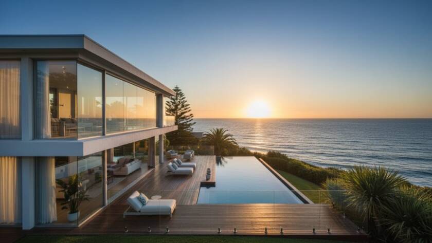 An epic wide-angle shot of a luxurious modern Mentone beachfront home at sunset, its architectural lines highlighted by golden hour light, capturing how Mentone property photography elevates sales through dramatic visuals.