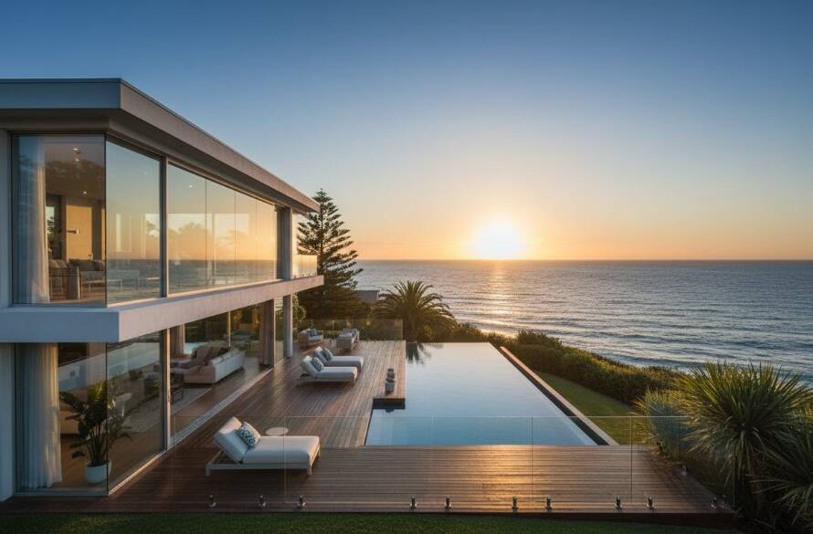 An epic wide-angle shot of a luxurious modern Mentone beachfront home at sunset, its architectural lines highlighted by golden hour light, capturing how Mentone property photography elevates sales through dramatic visuals.