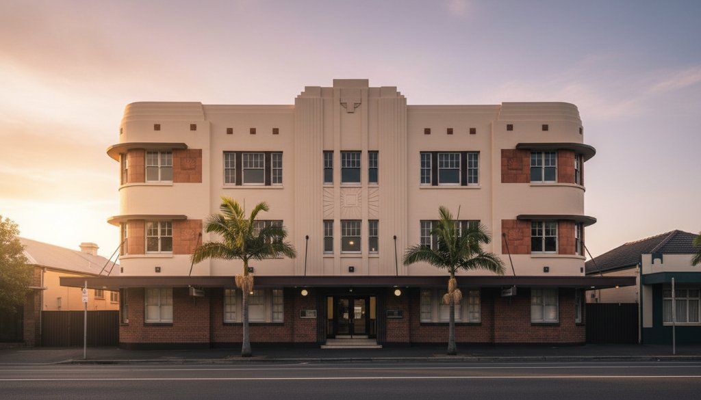 A wide-angle, cinematic photograph showcasing Mentone's iconic art deco architecture photography, with dramatic sunrise light illuminating the classic facades, creating long, striking shadows. The composition highlights the geometric patterns and elegant lines of a prominent Mentone building under a vibrant, morning sky, conveying a sense of timeless grandeur and sophisticated design.