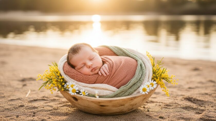 A breathtaking, golden hour photograph of a baby peacefully sleeping in a rustic, handcrafted wooden bassinet amidst the soft, natural light of the Murray River banks in Merbein, Victoria, embodying the essence of Merbein baby photography capturing authentic joy, with delicate wildflowers surrounding them.