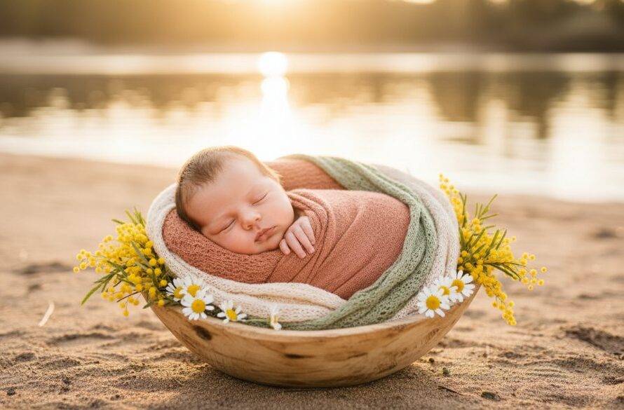 A breathtaking, golden hour photograph of a baby peacefully sleeping in a rustic, handcrafted wooden bassinet amidst the soft, natural light of the Murray River banks in Merbein, Victoria, embodying the essence of Merbein baby photography capturing authentic joy, with delicate wildflowers surrounding them.