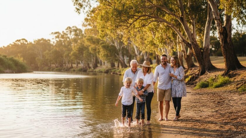 A heartwarming Merbein candid family photography moment, featuring parents embracing their laughing children at sunset near the Murray River, bathed in golden light, capturing genuine joy.