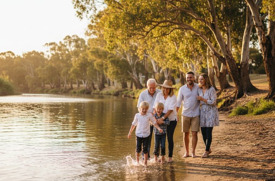 A heartwarming Merbein candid family photography moment, featuring parents embracing their laughing children at sunset near the Murray River, bathed in golden light, capturing genuine joy.